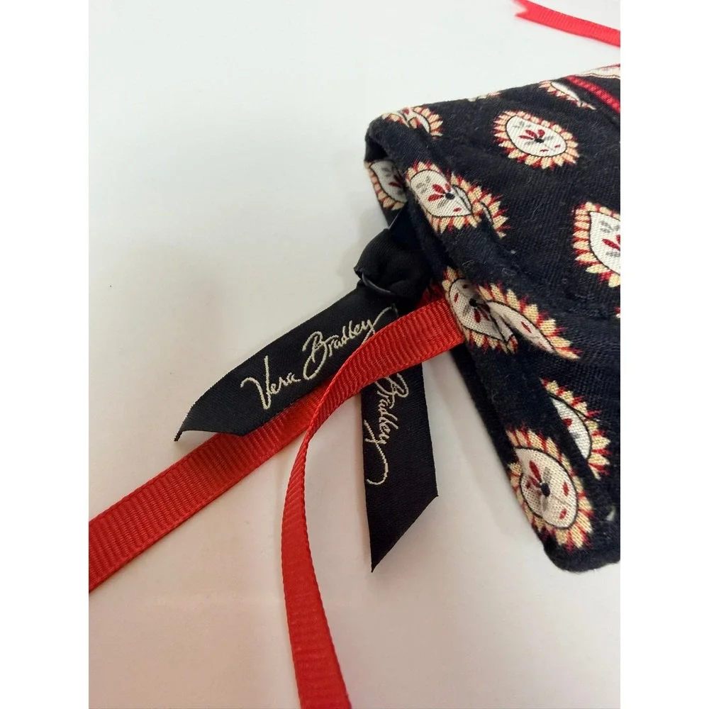 Vera Bradley Tri Fold Wallet Black Red White Paisley Medallion Quilted Cotton